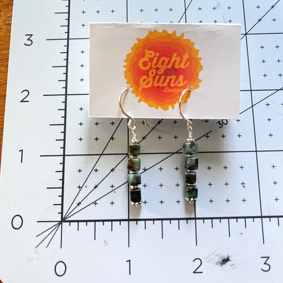 Stacked Square Turquoise Beads and Sterling Dangle Earrings - Picture 4 of 4